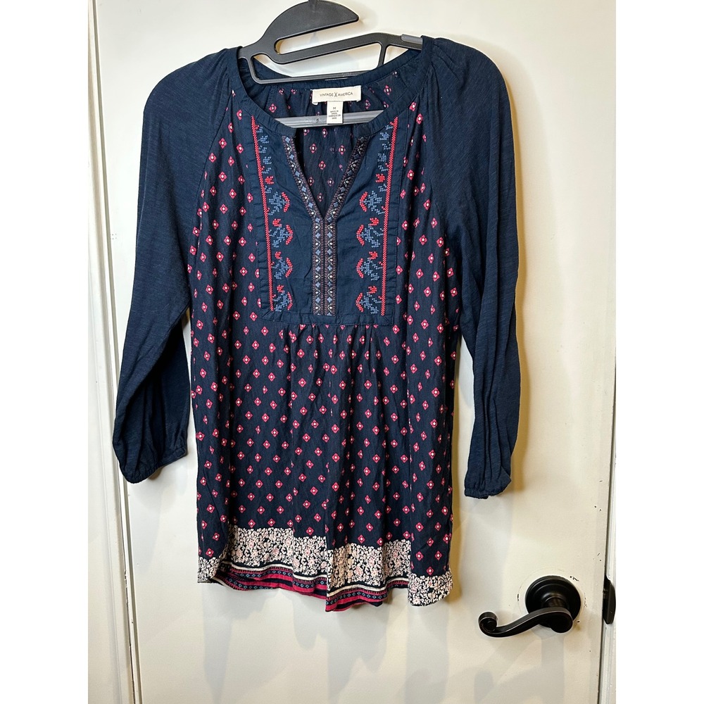 Vintage America Blues Navy Blue Embroidered Boho Peasant Top Blouse Medium